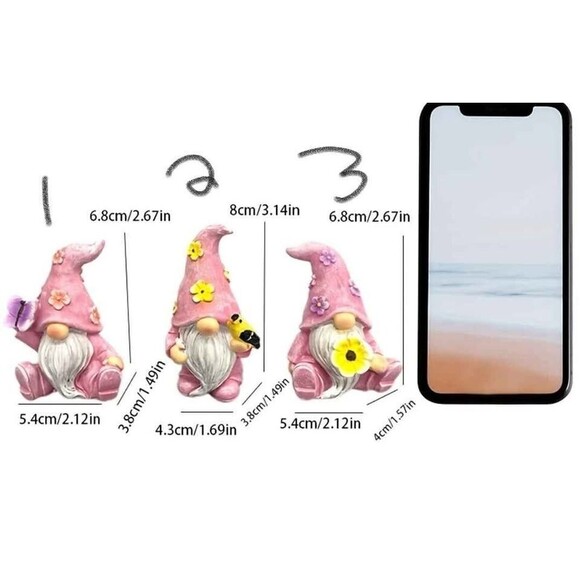 Set of 3 Summer Nisse Gnome Figurine Pink Hats with Flowers Garden Shelf Decor - Picture 3 of 3
